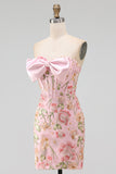 Pink Bodycon Strapless Sequins Corset Lace Up Back Homecoming Dress with Bow