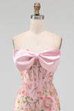 Pink Bodycon Strapless Sequins Corset Lace Up Back Homecoming Dress with Bow