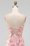 Pink Bodycon Strapless Sequins Corset Lace Up Back Homecoming Dress with Bow