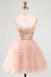Sweetheart Pink A-Line Tiered Floral Sequins Homecoming Dress