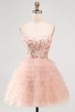 Sweetheart Pink A-Line Tiered Floral Sequins Homecoming Dress