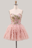 Sweetheart Pink A-Line Tiered Floral Sequins Homecoming Dress