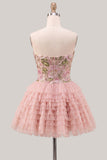Sweetheart Pink A-Line Tiered Floral Sequins Homecoming Dress