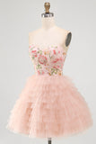 Sweetheart Pink A-Line Tiered Floral Sequins Homecoming Dress