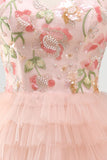 Sweetheart Pink A-Line Tiered Floral Sequins Homecoming Dress