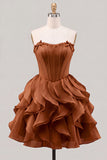 A-Line Sweetheart Brown Corset Ruffle Homecoming Dress with Lace Up Back
