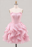 A-Line Sweetheart Brown Corset Ruffle Homecoming Dress with Lace Up Back