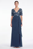 Navy Mermaid Floral V-Neck Ruched Chiffon Long Mother Of the Bride Dress with Ruffles