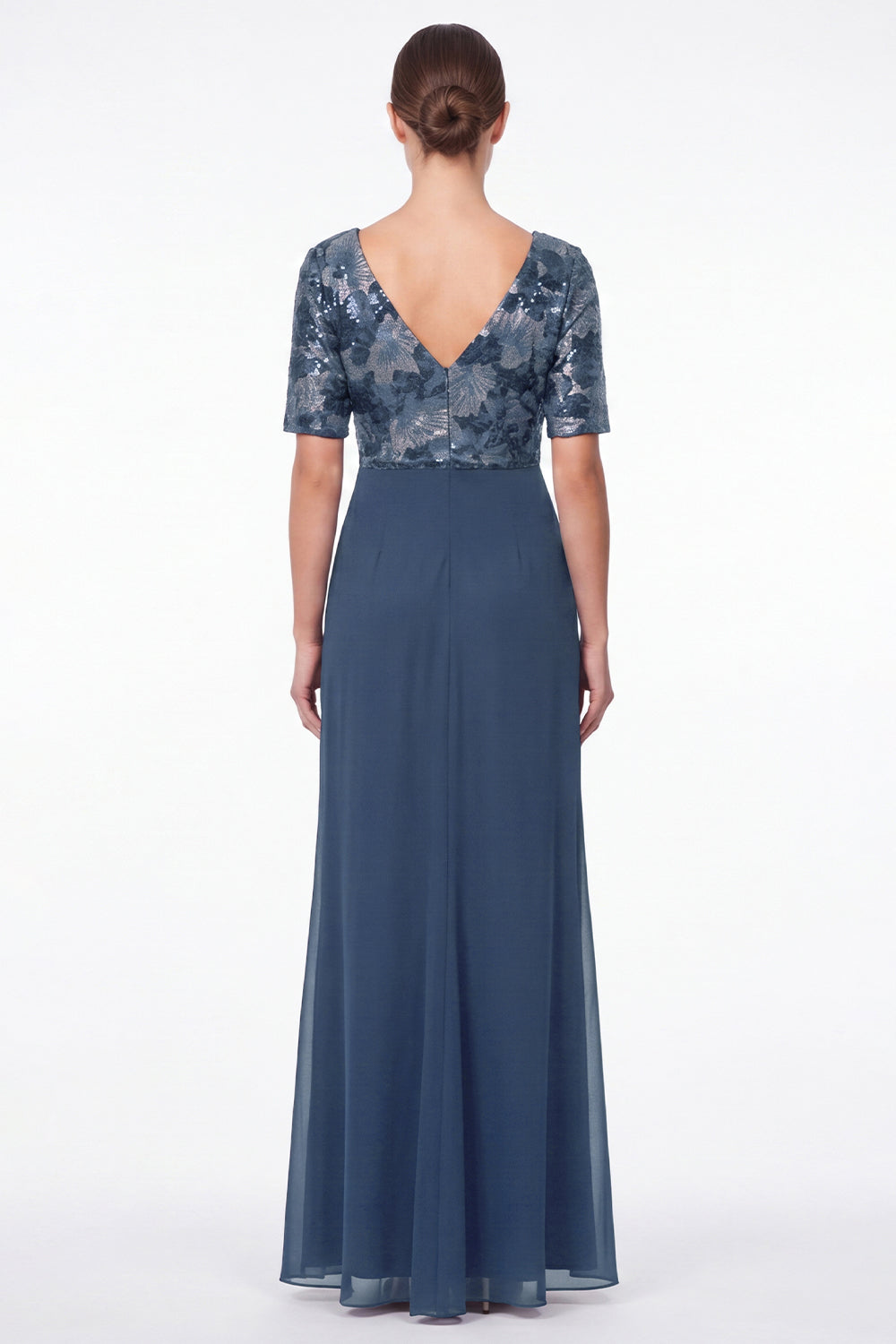 navy blue floral mother of the bride dress Stacees A-line Floral Sequin Mother of the Bride or Groom Dress with Short Flutter Sleeves