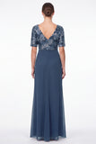 Navy Mermaid Floral V-Neck Ruched Chiffon Long Mother Of the Bride Dress with Ruffles