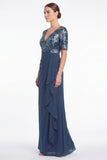 Navy Mermaid Floral V-Neck Ruched Chiffon Long Mother Of the Bride Dress with Ruffles