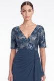 Navy Mermaid Floral V-Neck Ruched Chiffon Long Mother Of the Bride Dress with Ruffles