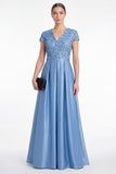A-Line Blue V-Neck Satin Sequins Long Mother Of the Bride Dress with Short Sleeves