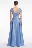 A-Line Blue V-Neck Satin Sequins Long Mother Of the Bride Dress with Short Sleeves