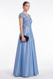 A-Line Blue V-Neck Satin Sequins Long Mother Of the Bride Dress with Short Sleeves