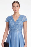A-Line Blue V-Neck Satin Sequins Long Mother Of the Bride Dress with Short Sleeves
