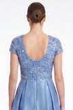 A-Line Blue V-Neck Satin Sequins Long Mother Of the Bride Dress with Short Sleeves