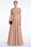 A-Line Blue V-Neck Satin Sequins Long Mother Of the Bride Dress with Short Sleeves