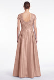 A-Line Blue V-Neck Satin Sequins Long Mother Of the Bride Dress with Short Sleeves