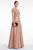 A-Line Blue V-Neck Satin Sequins Long Mother Of the Bride Dress with Short Sleeves