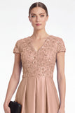 A-Line Blue V-Neck Satin Sequins Long Mother Of the Bride Dress with Short Sleeves