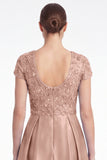 A-Line Blue V-Neck Satin Sequins Long Mother Of the Bride Dress with Short Sleeves