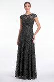 A-Line Navy Round Neck Sequins Long Mother Of the Bride Dress with Cap Sleeves