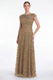 A-Line Navy Round Neck Sequins Long Mother Of the Bride Dress with Cap Sleeves