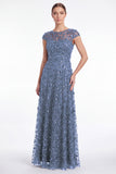 A-Line Navy Round Neck Sequins Long Mother Of the Bride Dress with Cap Sleeves