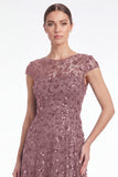 A-Line Navy Round Neck Sequins Long Mother Of the Bride Dress with Cap Sleeves