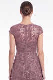 A-Line Navy Round Neck Sequins Long Mother Of the Bride Dress with Cap Sleeves