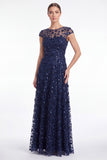 A-Line Navy Round Neck Sequins Long Mother Of the Bride Dress with Cap Sleeves