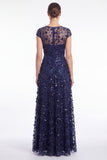 A-Line Navy Round Neck Sequins Long Mother Of the Bride Dress with Cap Sleeves