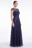 A-Line Navy Round Neck Sequins Long Mother Of the Bride Dress with Cap Sleeves