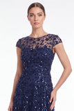 A-Line Navy Round Neck Sequins Long Mother Of the Bride Dress with Cap Sleeves