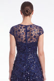 A-Line Navy Round Neck Sequins Long Mother Of the Bride Dress with Cap Sleeves