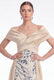 Champagne A-Line Floral Sequins Long Mother Of the Bride Dress with Sash