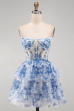 White Blue Flower Strapless Sheer Corset Tiered A-Line Short Homecoming Dress with Lace Up Back