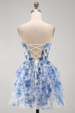 White Blue Flower Strapless Sheer Corset Tiered A-Line Short Homecoming Dress with Lace Up Back