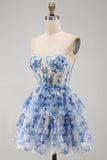 White Blue Flower Strapless Sheer Corset Tiered A-Line Short Homecoming Dress with Lace Up Back