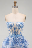 White Blue Flower Strapless Sheer Corset Tiered A-Line Short Homecoming Dress with Lace Up Back