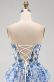 White Blue Flower Strapless Sheer Corset Tiered A-Line Short Homecoming Dress with Lace Up Back