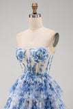 White Blue Flower Strapless Sheer Corset Tiered A-Line Short Homecoming Dress with Lace Up Back