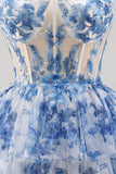 White Blue Flower Strapless Sheer Corset Tiered A-Line Short Homecoming Dress with Lace Up Back