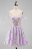 Off the Shoulder Lilac Corset Sequins A-Line Short Homecoming Dress with Lace Up Back