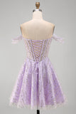 Off the Shoulder Lilac Corset Sequins A-Line Short Homecoming Dress with Lace Up Back