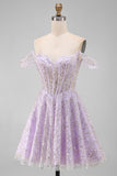 Off the Shoulder Lilac Corset Sequins A-Line Short Homecoming Dress with Lace Up Back