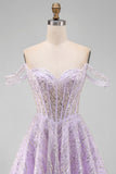 Off the Shoulder Lilac Corset Sequins A-Line Short Homecoming Dress with Lace Up Back