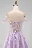 Off the Shoulder Lilac Corset Sequins A-Line Short Homecoming Dress with Lace Up Back