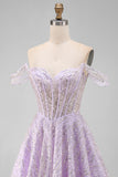 Off the Shoulder Lilac Corset Sequins A-Line Short Homecoming Dress with Lace Up Back